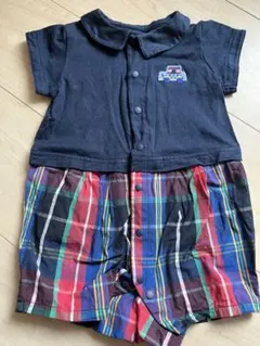 ファミリア　ネイビー チェック柄 襟付きロンパース　70