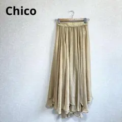 Chico チコ 箔プリントフレアスカート シースルー バックゴム ゴールド Fのサムネイル