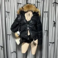 平成ギャル y2k　光沢　リアルファー付き短丈ダウン　黒　グランジ　お兄系