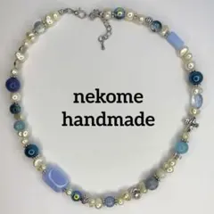 パールビーズネックレス ブルー メッキ加工 星 アンティーク風 古着