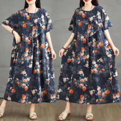 体型をカバー プリントワンピース ラウンドネック 大きいサイズ ロング 美品