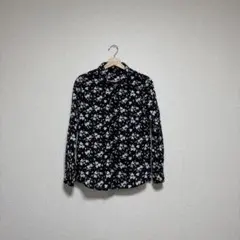 ユニクロ UNIQLO 花柄 長袖シャツ 黒 白 L
