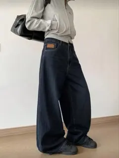 SHEINダークブルー ワイドパンツ パッチ付き