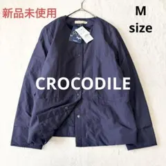 5879 新品未使用 クロコダイル ノーカラージャケット ネイビー M ナイロンのサムネイル