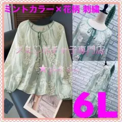 ＊大きいサイズ6L＊ミントカラー×花刺繍 ボリューム袖 高見え 羽織り ブラウス