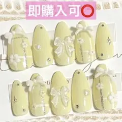 ネイルチップ現品オーダー量産型フレンチガーリーチェックスナ系イエロー黄色ワンホン