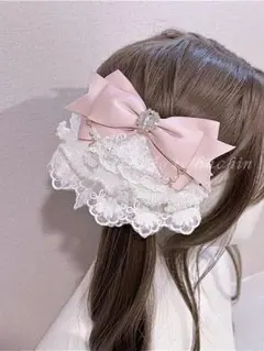 フリルレースリボンヘッドドレスヘアピン（2個セット）ピンクpink