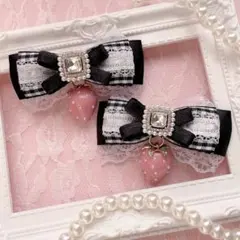 【限定ピンク苺】いちご黒チェックビジュー♡ヘアクリップ リボン 量産型 地雷系