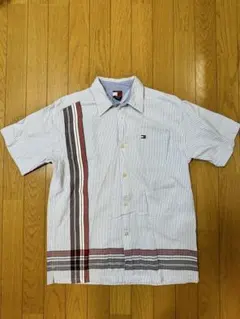 【美品】TOMMY 開襟シャツ XL ストライプ ブルー