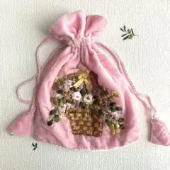 <値下げ！>ピンクの花刺繍中型巾着袋