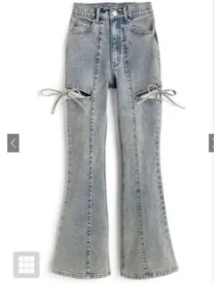 GRL [Cu578]サイドカットアウトリボンフレアデニムパンツ