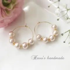 ピンクコットンパールとお花のフープピアス