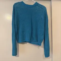 ターコイズ 透かし編み 長袖ニット