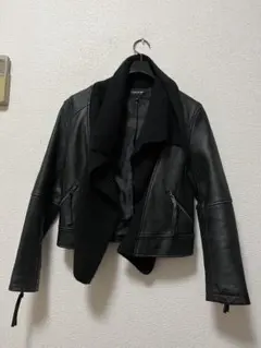 コムサイズム　羽織り　ウールニット切替　レザージャケット　/7号　黒　本革　羊革