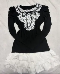バレエコア長袖トップス　フリル付きドット柄　リボン　リズリサ系　平成姫系ニット