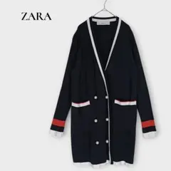 ザラ ZARA ニット ロングカーディガン ダブル ブラック パール M