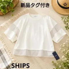 【新品タグ付き】SHIPS シアー切替 オフホワイト 半袖カットソー 白 透け感のサムネイル