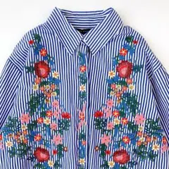 ZARA ストライプ 花柄 刺繍 長袖 シャツ ブラウス