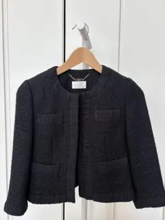 【オンワード】7号S/ブラックツイードスーツ フリル付き 上下セットアップ