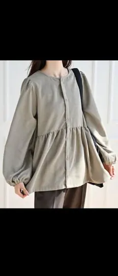 しまむら　MUMUコラボ　ペプラムブラウス★コーデュロイ　ベージュLL