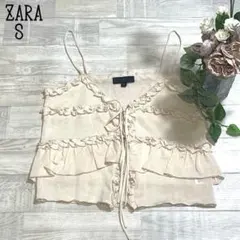 【ZARAザラ】キャミソールフリルニットトップス　ビスチェ　リボン結び　ベージュ