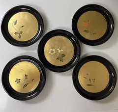 漆器 菓子器 5枚セット 花柄