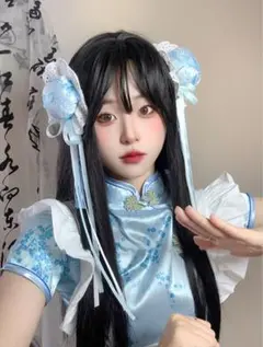 チャイナ 髪飾り リボン付き コスプレ メイド 仮装 お団子 お団子カバー　水色