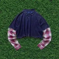 【リメイク古着】再構築USAポロシャツチェックシャツ袖カーキメローフリル