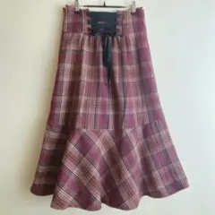 【フェルゥ】（S）レースアップ チェック柄 フレアロングスカート 赤 ボルドー