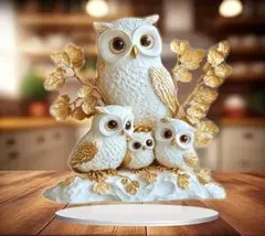 白ふくろう 親子置物 アクリル製 風水 インテリア 雑貨 オブジェ