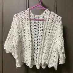 【手編みcotton】　透かし編みカーディガン　M ホワイト