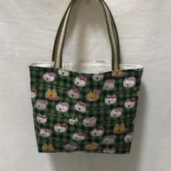 ねこ柄　トートバッグ　ランチバッグ　【グリーン系】