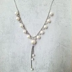 パール クリスタル ロング ネックレス シルバー パーティー 結婚式 上品 韓国