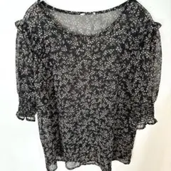 ✨美品 L 小花柄 シフォン ブラウス フリル袖 シアー 透け感 ブラック系
