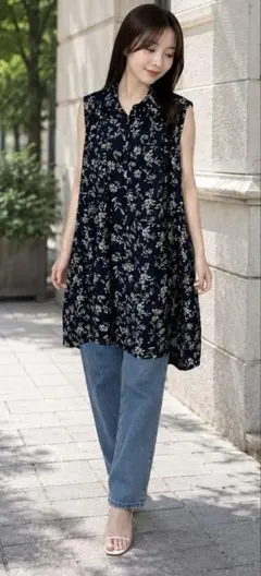 【ローズバッド】 花柄 たっぷりギャザー ノースリーブ シャツ ワンピースのサムネイル
