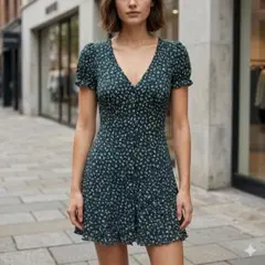 H&M DIVIDED 花柄シャーリングミニワンピース モスグリーン EUR34のサムネイル