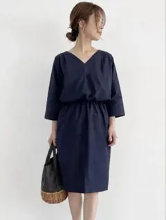 美品 SHIPS シップス 半袖 ドッキング ワンピース ネイビ×黒 M 通勤
