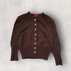 ブラウン パールボタン カーディガン　リブ袖