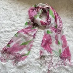 美品✨花柄フリンジ　大判ストール ビスコース100%