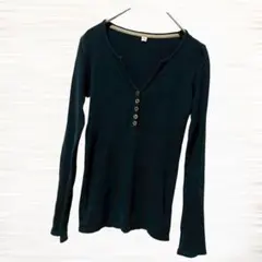 SS15【ブランド不明】ヘンリーネック/長袖トップス/リブ編み/ブラック/M