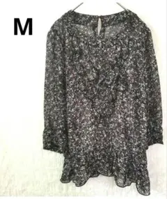 花柄フリルブラウス Mサイズ 7分袖 シースルー 黒 紫 トップス レディース
