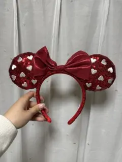 ミニー耳カチューシャ 赤 ハート柄
