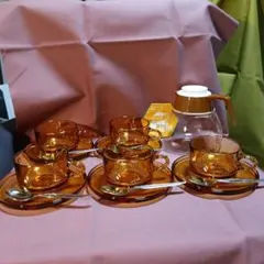 カメイガラス　アンバーカップ・ソーサー・スプーン＆ポット