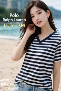 ポロラルフローレン ボーダーTシャツ Vネック 紺白 レディースM