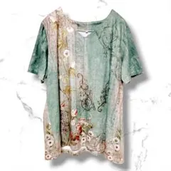 ノーブランド カットソー Ｖネック 半袖 花 3XL 緑 ポリエステル お出かけ