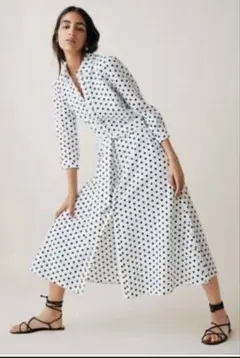 ZARA ザラ リネンブレンド ドット柄ワンピース ウエストリボン Aライン
