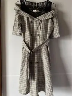 オフショルダー グレー系チェック ワンピース