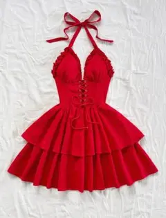 赤のフリルノースリーブミニワンピース