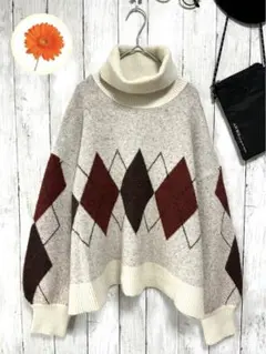 F【ヘザー】タートル長袖ニットセーター　アーガイル柄　ボリューム袖　アイボリー