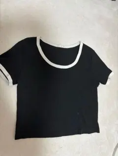 GUリブ編み 半袖Tシャツ 黒 白トリム